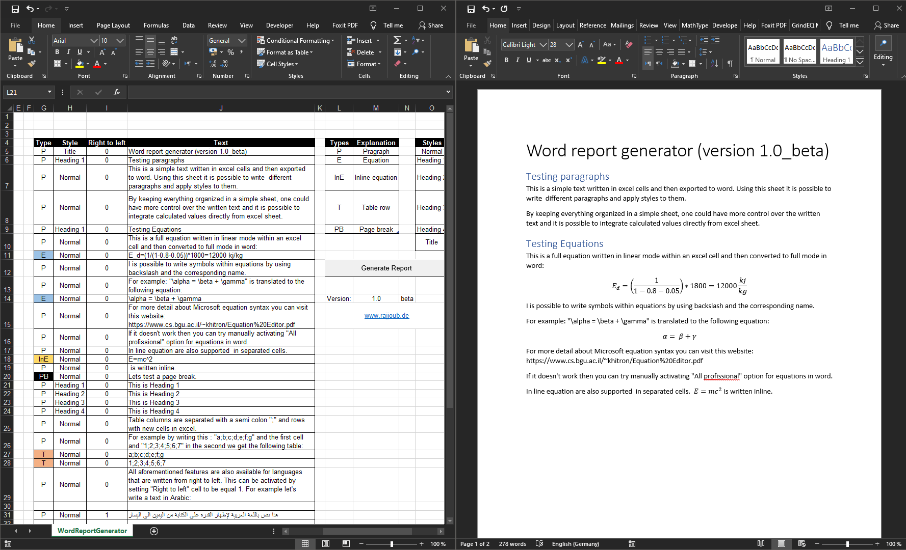 Excel Report Generator on the left and the generated Word file on the right